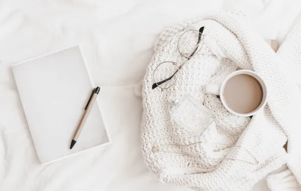 Coffee, morning, glasses, handle, Notepad