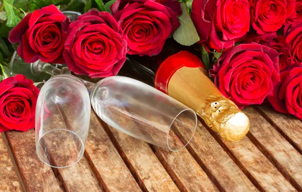 Roses, glasses, champagne, romantic, Valentine`s day, Valentine's day