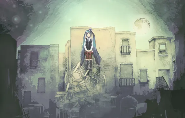 Picture girl, chairs, home, hat, art, ruins, vocaloid, hatsune miku