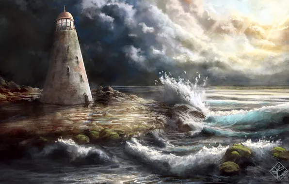 Picture sea, wave, clouds, storm, stones, lighthouse, tower, art