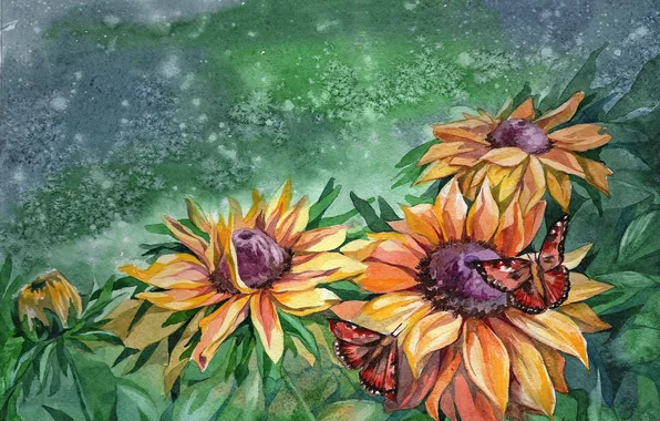 Summer, leaves, flowers, nature, butterfly, petals, painting