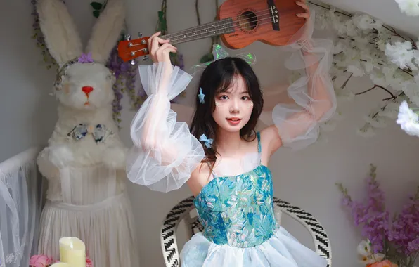 Beautiful, Asian, Model, Flowers, Smile, Woman, Violin, Cute