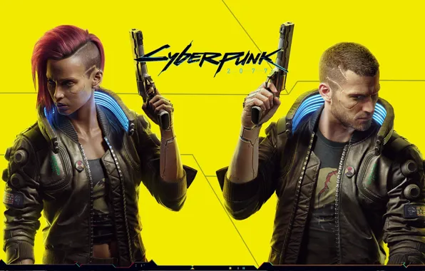 Girl, guns, guy, cyborgs, Cyberpunk 2077, yellow background