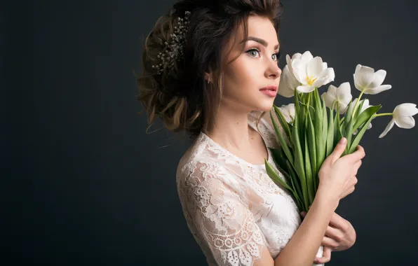Look, girl, flowers, pose, the dark background, white, portrait, bouquet