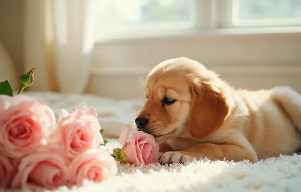 Look, light, flowers, pose, room, carpet, roses, dog