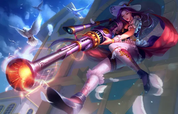 Girl, Weapons, Pigeons, Fantasy, Art, Rifle, League of Legends, Illustration