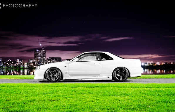 Picture white, night, the city, tuning, GT-R, Nissan, Nissan Skyline, R34