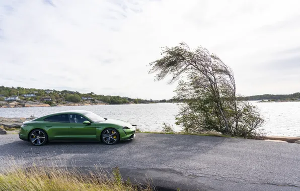 Lake, Porsche, side view, Turbo S, 2020, Taycan