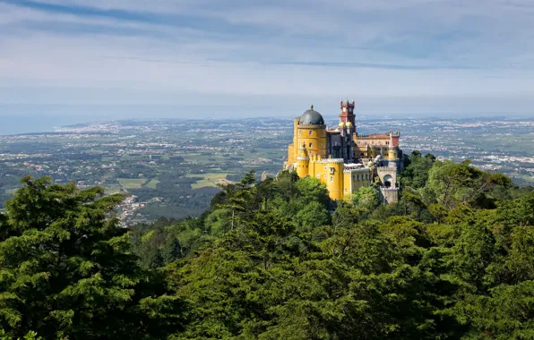 The sky, castle, tower, mountain, valley, Portugal, the dome, the Pena Palace