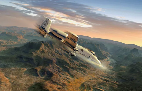Picture Mountains, The plane, Flight, USA, Art, Shot, Attack, Fairchild Republic A-10 Thunderbolt II