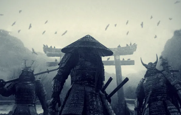Snow, Japan, crows, katana, Sucker punch, samurai
