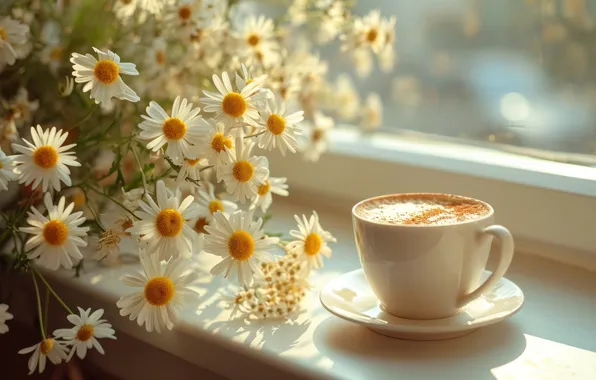 Light, flowers, coffee, chamomile, bouquet, spring, window, mug