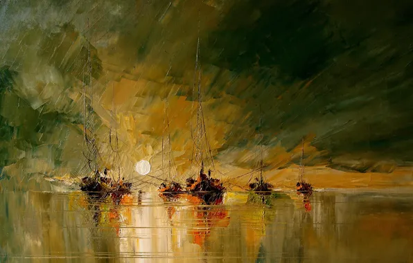 Picture sea, the sun, figure, picture, boats, art