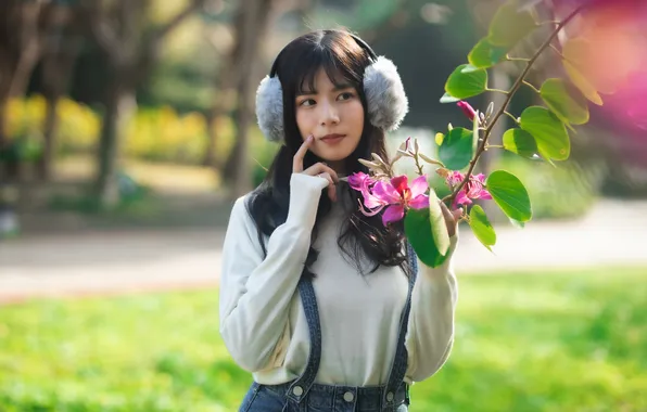 Flowers, Asian, gesture, cutie, tree branch, asian, cutie, asian girls
