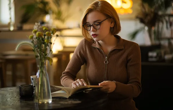 Picture flowers, glasses, cafe, book, vase, blouse, redhead, bokeh