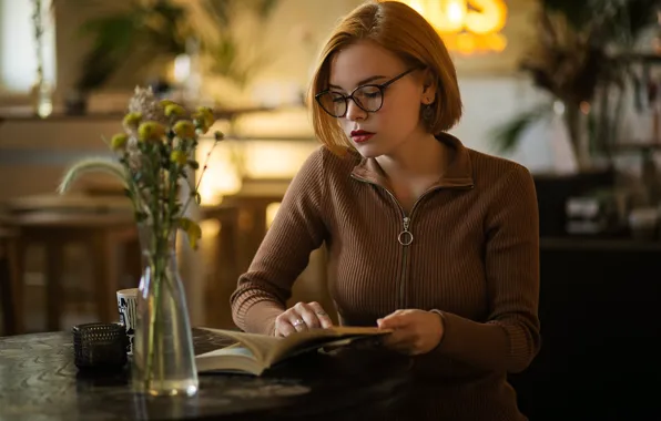 Flowers, glasses, cafe, book, vase, blouse, redhead, bokeh