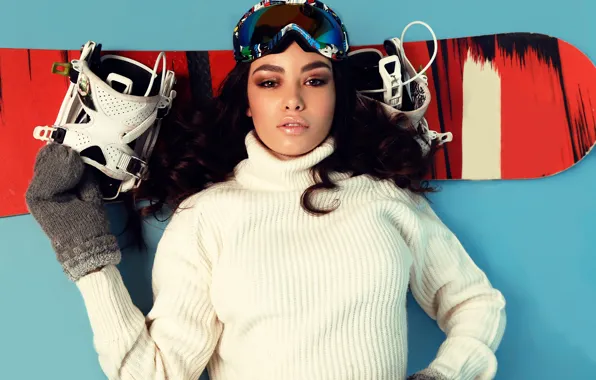 White, background, snowboard, snowboarding, sport, makeup, brunette, glasses