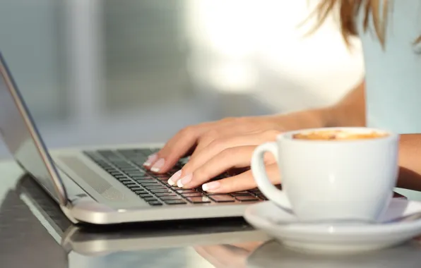 Picture girl, coffee, hands, laptop, computer with coffee