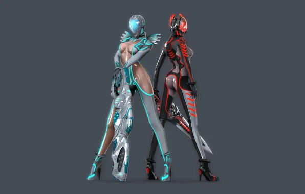 Weapons, minimalism, Girls, grey background, costumes