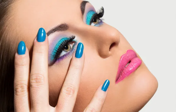 Blue, eyes, nails, female, make up