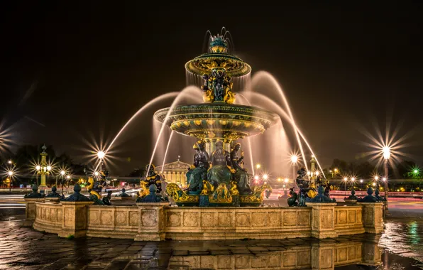 Road, night, lights, France, Paris, lights, puddles, fountain