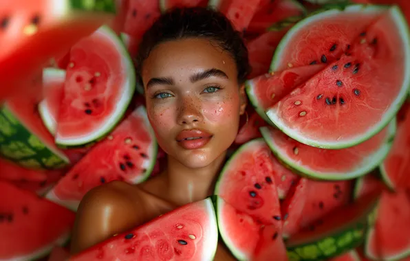 Summer, look, girl, light, face, pose, portrait, watermelon