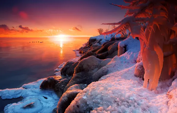Winter, the sun, light, snow, nature, lake, ice, fire and ice