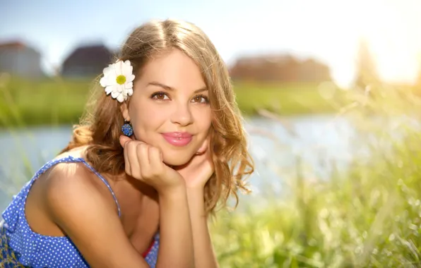 Picture greens, grass, look, girl, the sun, flowers, nature, pose