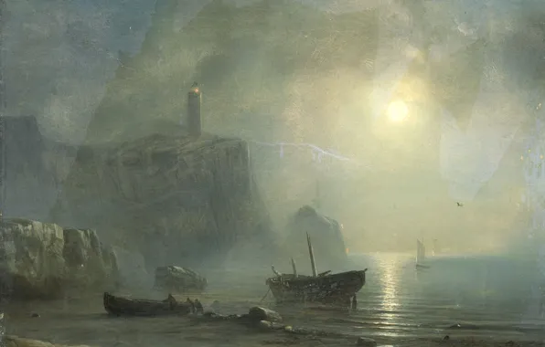 Landscape, oil, picture, canvas, 1880, Views of the rocky coast in the moonlight, Theodore Gudin, …