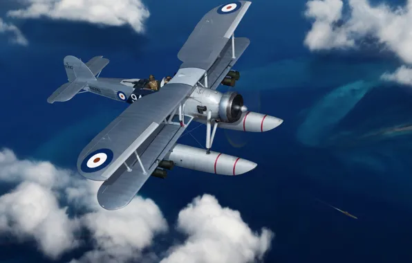 The plane, art, bomber, British, WW2., torpedo, Fairey Swordfish, seaplane