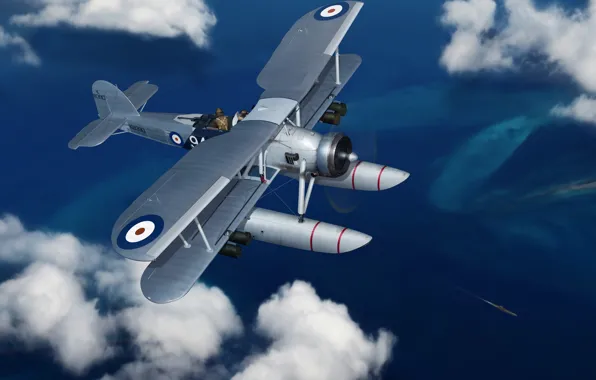 Art, bomber, the plane, British, WW2., torpedo, Fairey Swordfish, seaplane