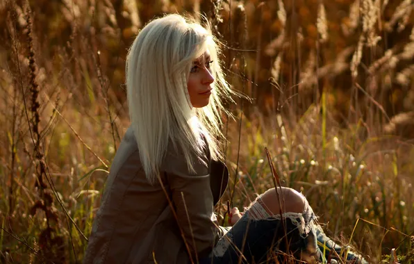 Picture BLONDE, GIRL, GRASS, JEANS, GREEN, JACKET