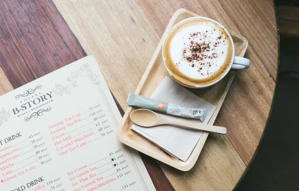 Picture table, coffee, spoon, cafe, sugar, menu