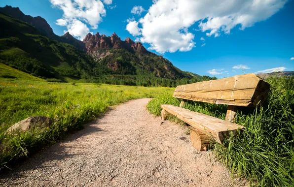 Mountains, nature, trail, USA, bench, Colorado, Maroon Bells
