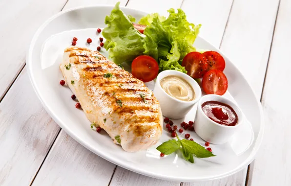 Food, chicken, meat, tomatoes, ketchup, spices, lettuce, fillet