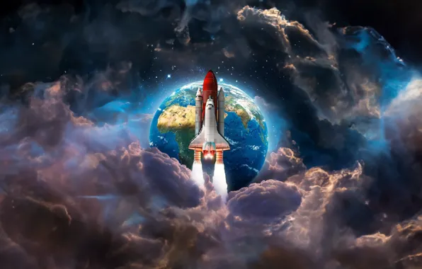 Space, Earth, clouds, stars, spaceship, space shuttle, planet, galaxy
