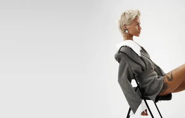 Blonde, chair, white background, singer, jacket, rock, tattoo, pop