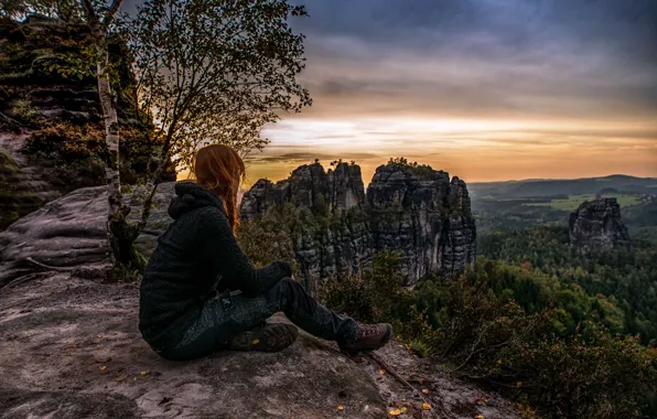 Autumn, girl, landscape, sunset, mountains, nature, tree, Germany