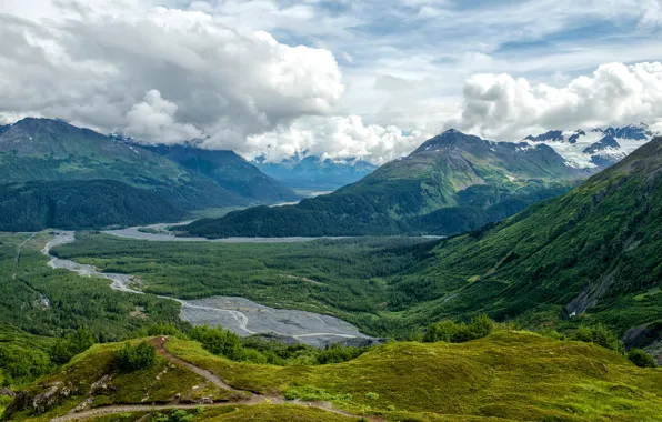 Forest, clouds, mountains, river, valley, Alaska, panorama, USA