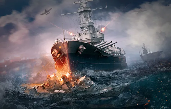 Picture sea, squirt, ships, battle, aircraft, shooting, Taran, World Of Warship