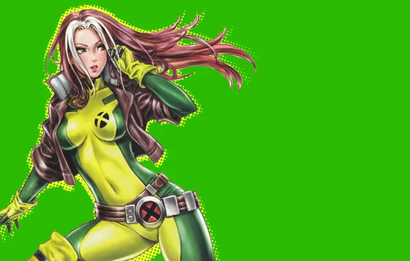 Picture look, hair, art, jacket, costume, belt, green background, Rogue