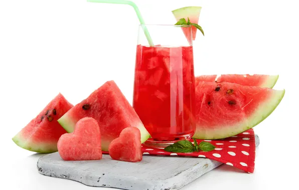 Picture watermelon, juice, hearts, pieces, juice