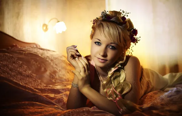 Look, girl, bed, dress, hairstyle, blonde, lies, bedroom