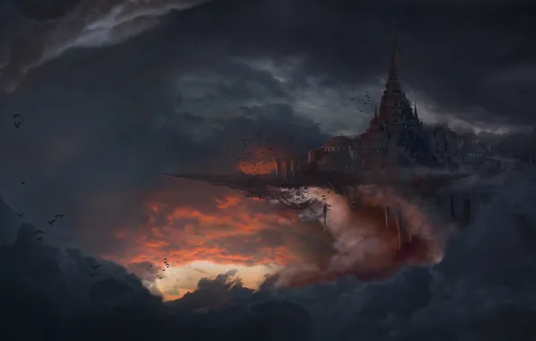 Clouds, flight, birds, The sky, Palace, spires