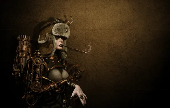 Picture girl, metal, background, hat, mechanism, robot, ring, steampunk