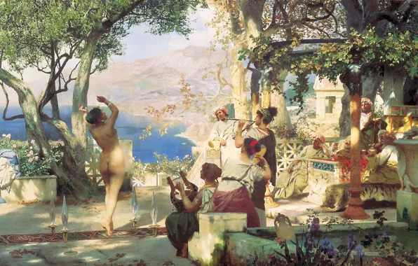 Mountains, lake, oil, Canvas, speech, 1881, naked woman, Henri semiradzki