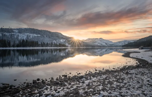 Winter, forest, the sun, snow, mountains, pebbles, stones, shore