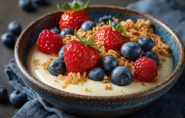 Berries, raspberry, Breakfast, blueberries, strawberry, bowl, cream, dessert