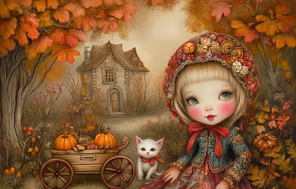 Field, autumn, cat, white, trees, house, kitty, pattern
