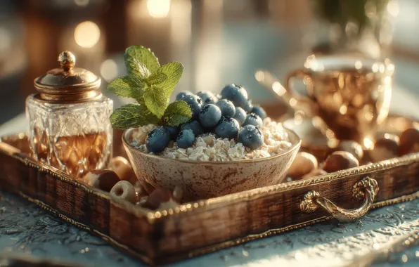 Light, glare, berries, food, blur, Breakfast, morning, blueberries